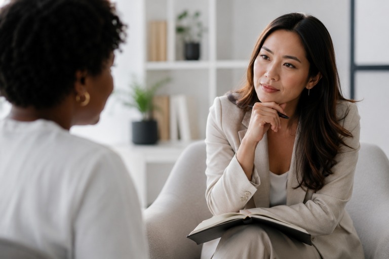 Professional life coach listening attentively during a one-on-one transformational coaching session in a modern minimalist office in The Coaching Institute.