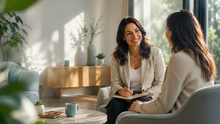 Professional life coach having a supportive coaching session with a client in a bright contemporary office with soft natural light and modern Australian lifestyle aesthetic in The Coaching Institute.
