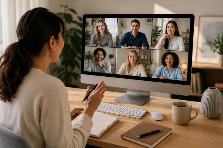 Diverse life coaching students participating in a live online mentorship session from modern home offices with a professional coach leading the discussion.
