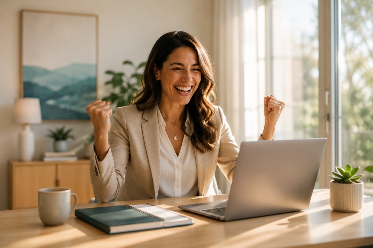 Newly certified life coach celebrating the launch of a coaching business in a bright modern workspace with laptop and notebook.