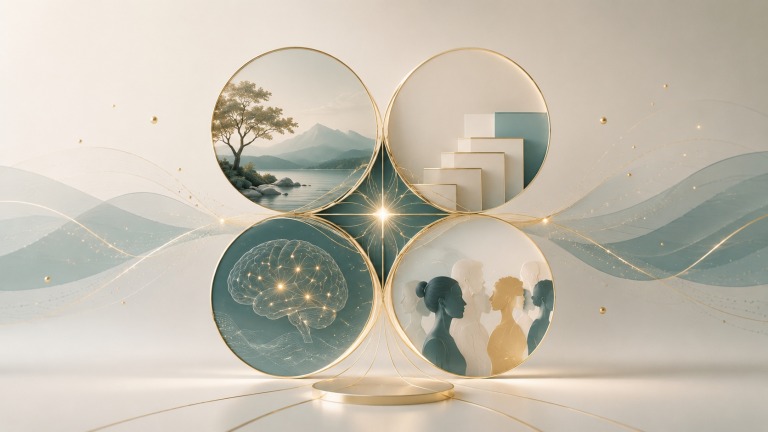 Abstract four-pillar alignment model representing environment, structure, implementation, and people in coaching psychology in The Coaching Institute. Abstract four-pillar alignment model representing environment, structure, implementation, and people in coaching psychology in The Coaching Institute.